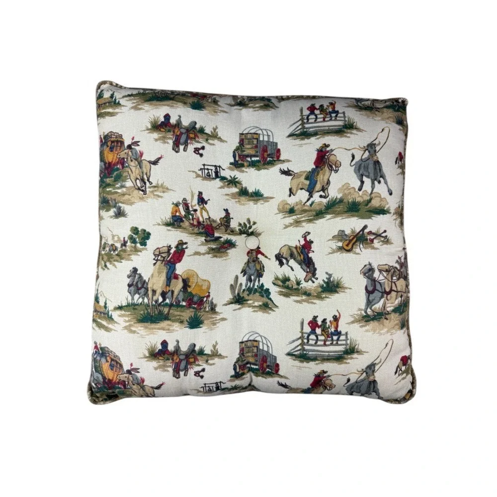 Vintage Cowboy Western Rodeo Throw‎ Pillow 18x18 Khaki Button Accent Decorative